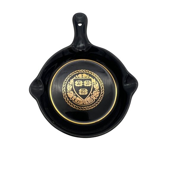 Vintage W.C. Bunting Co Harvard Veritas Black & Gold Ceramic Ashtray 4.5" × 6" - Picture 1 of 5